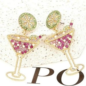 "Escence" Rhinestone Earrings Pink Green, Pearl